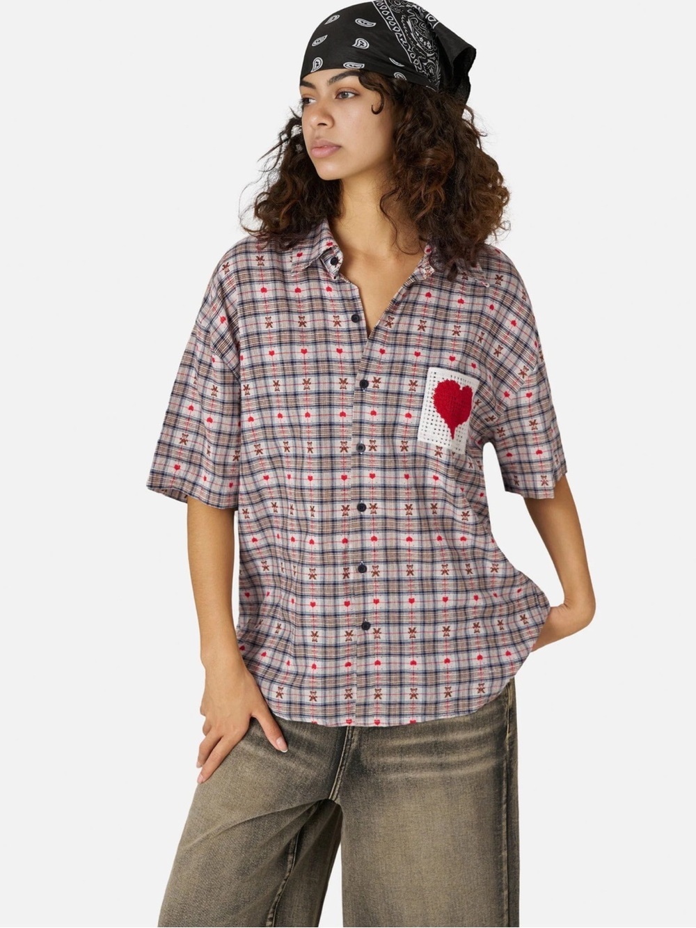 NWT Aelfric Eden Plaid Teddy Bear & Crochet Heart Patch Button-Up Shirt Size L